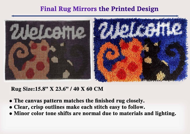 KitsMaster Welcome Cats Latch Hook Kit – Cozy Feline Doormat | Cat Lover's DIY Latch Hook Kit with Pre-Printed Canvas, Yarn & Tool- DIY Craft for Home Decor 23.6''x15.8'' (Welcome Cats) - Image 3